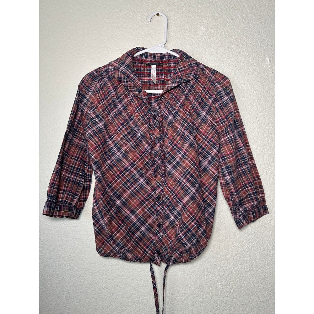 Free‎ People Plaid Ruffle Button Down Top Red Blue Metallic Smocked XS